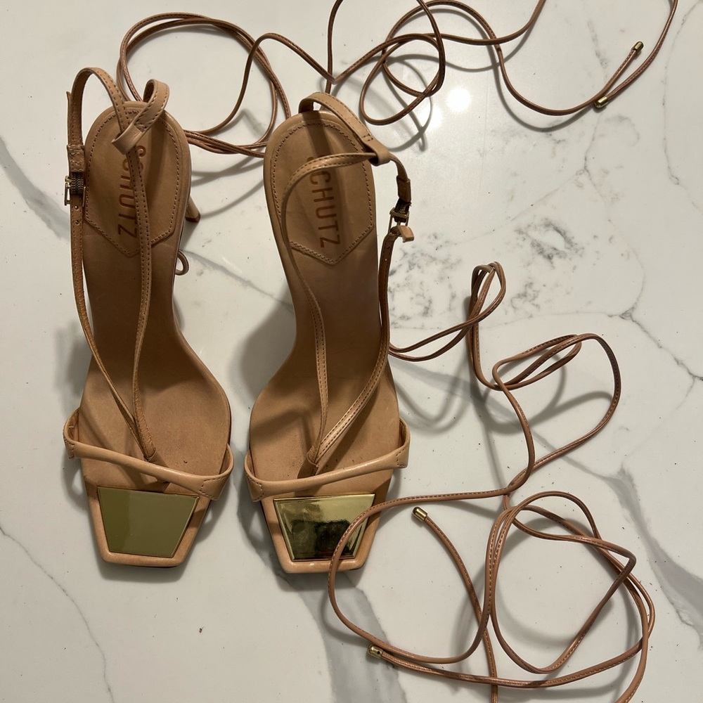 Schutz Tan Strappy Sandals, size 40